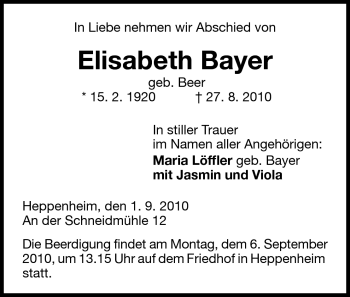 Traueranzeige von Elisabeth Bayer von Starkenburger Echo