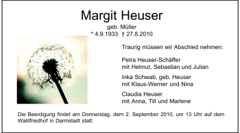 Traueranzeige von Margit Heuser von Darmstädter Echo, Odenwälder Echo, Rüsselsheimer Echo, Groß-Gerauer-Echo, Ried Echo