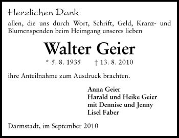 Traueranzeige von Walter Geier von Darmstädter Echo, Odenwälder Echo, Rüsselsheimer Echo, Groß-Gerauer-Echo, Ried Echo