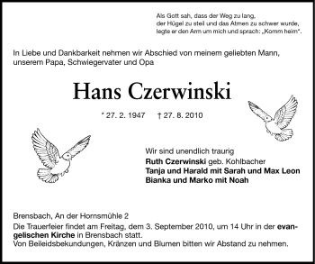 Traueranzeige von Hans Czerwinski von Echo-Zeitungen (Gesamtausgabe)