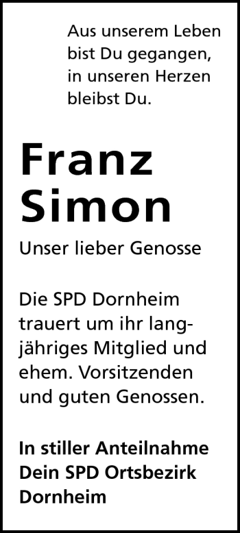 Traueranzeige von Franz Simon von Rüsselsheimer Echo, Groß-Gerauer-Echo, Ried Echo