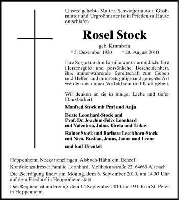 Traueranzeige von Rosel Stock von Starkenburger Echo