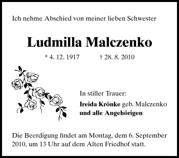 Traueranzeige von Ludmilla Malczenko von Darmstädter Echo, Odenwälder Echo, Rüsselsheimer Echo, Groß-Gerauer-Echo, Ried Echo