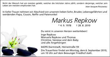 Traueranzeige von Markus Rapkow von Echo-Zeitungen (Gesamtausgabe)