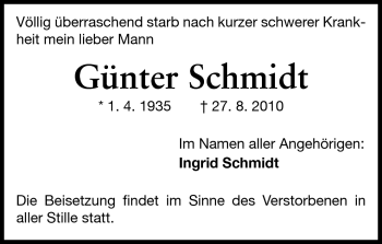 Traueranzeige von Günter Schmidt von Darmstädter Echo, Odenwälder Echo, Rüsselsheimer Echo, Groß-Gerauer-Echo, Ried Echo