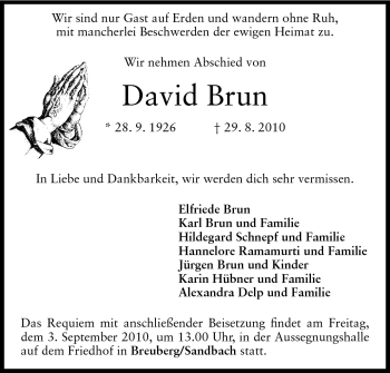 Traueranzeige von David Brun von Odenwälder Echo
