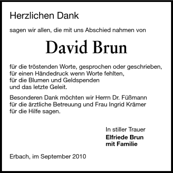 Traueranzeige von David Brun von Odenwälder Echo