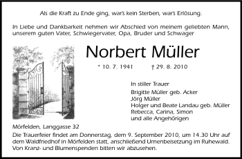 Traueranzeige von Norbert Müller von Rüsselsheimer Echo, Groß-Gerauer-Echo, Ried Echo