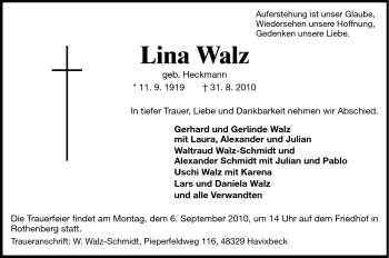 Traueranzeige von Lina Walz von Odenwälder Echo