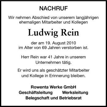 Traueranzeige von Ludwig Rein von Odenwälder Echo