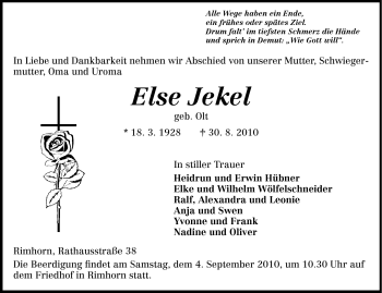Traueranzeige von Else Jekel von Odenwälder Echo