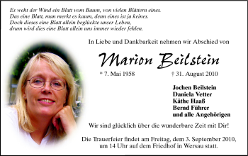 Traueranzeige von Marion Beilstein von Echo-Zeitungen (Gesamtausgabe)