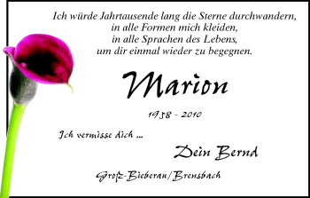 Traueranzeige von Marion Beilstein von Echo-Zeitungen (Gesamtausgabe)