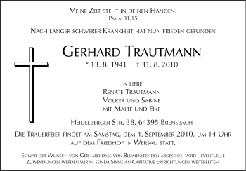 Traueranzeige von Gerhard Trautmann von Echo-Zeitungen (Gesamtausgabe)