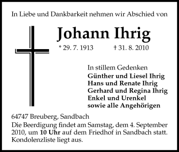 Traueranzeige von Johann Ihrig von Odenwälder Echo