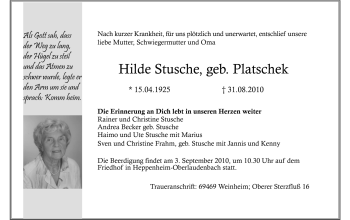 Traueranzeige von Hilde Stuche von Starkenburger Echo