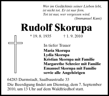 Traueranzeige von Rudolf Skorupa von Darmstädter Echo, Odenwälder Echo, Rüsselsheimer Echo, Groß-Gerauer-Echo, Ried Echo