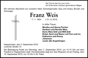 Traueranzeige von Franz Weis von Starkenburger Echo