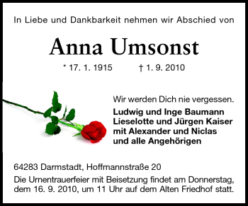 Traueranzeige von Anna Umsonst von Echo-Zeitungen (Gesamtausgabe)