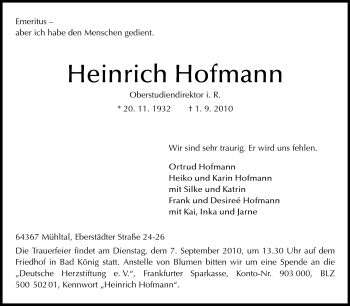 Traueranzeige von Heinrich Hofmann von Darmstädter Echo, Odenwälder Echo, Rüsselsheimer Echo, Groß-Gerauer-Echo, Ried Echo