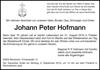 Traueranzeige von Johann Peter Hofmann von Echo-Zeitungen (Gesamtausgabe)
