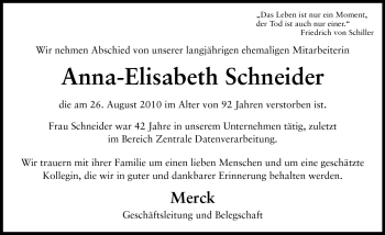 Traueranzeige von Anna-Elisabeth Schneider von Darmstädter Echo, Odenwälder Echo, Rüsselsheimer Echo, Groß-Gerauer-Echo, Ried Echo