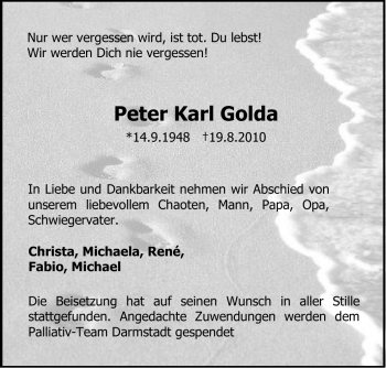 Traueranzeige von Peter Karl Golda von Echo-Zeitungen (Gesamtausgabe)