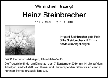 Traueranzeige von Heinz Steinbrecher von Echo-Zeitungen (Gesamtausgabe)