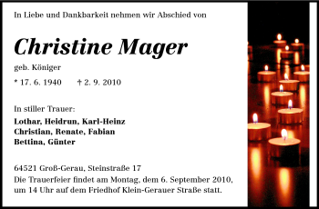 Traueranzeige von Christine Mager von Rüsselsheimer Echo, Groß-Gerauer-Echo, Ried Echo