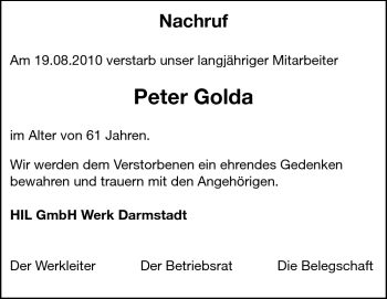 Traueranzeige von Peter Karl Golda von Echo-Zeitungen (Gesamtausgabe)