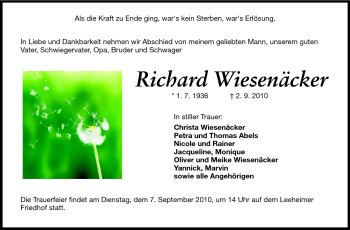 Traueranzeige von Richard Wiesenäcker von Darmstädter Echo, Odenwälder Echo, Rüsselsheimer Echo, Groß-Gerauer-Echo, Ried Echo