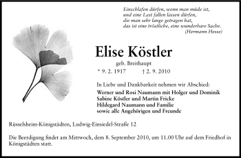 Traueranzeige von Elise Köstler von Rüsselsheimer Echo, Groß-Gerauer-Echo, Ried Echo