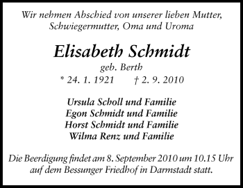 Traueranzeige von Elisabeth Schmidt von Darmstädter Echo, Odenwälder Echo, Rüsselsheimer Echo, Groß-Gerauer-Echo, Ried Echo