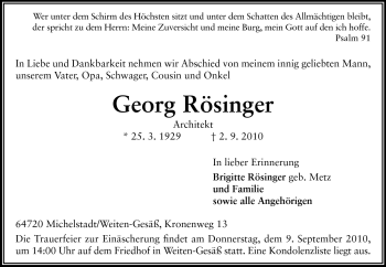 Traueranzeige von Georg Rösinger von Odenwälder Echo