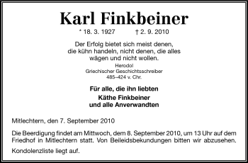 Traueranzeige von Karl Finkbeiner von Starkenburger Echo