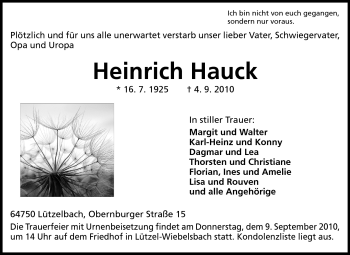 Traueranzeige von Heinrich Hauck von Odenwälder Echo