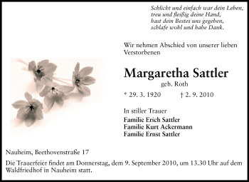 Traueranzeige von Margaretha Sattler von Rüsselsheimer Echo, Groß-Gerauer-Echo, Ried Echo