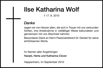 Traueranzeige von Ilse Katharina Wolf von Starkenburger Echo
