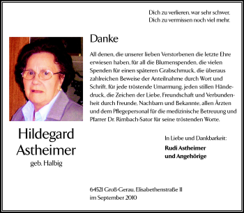 Traueranzeige von Hildegard Astheimer von Rüsselsheimer Echo, Groß-Gerauer-Echo, Ried Echo