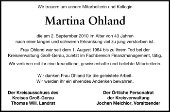 Traueranzeige von Martina Ohland von Rüsselsheimer Echo, Groß-Gerauer-Echo, Ried Echo