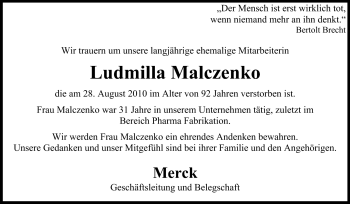 Traueranzeige von Ludmilla Malczenko von Echo-Zeitungen (Gesamtausgabe)