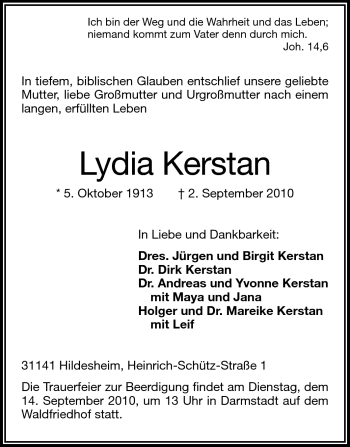 Traueranzeige von Lydia Kerstan von Darmstädter Echo, Odenwälder Echo, Rüsselsheimer Echo, Groß-Gerauer-Echo, Ried Echo