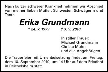 Traueranzeige von Erika Grundmann von Odenwälder Echo