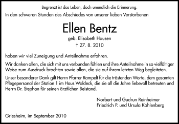 Traueranzeige von Ellen Bentz von Darmstädter Echo, Odenwälder Echo, Rüsselsheimer Echo, Groß-Gerauer-Echo, Ried Echo