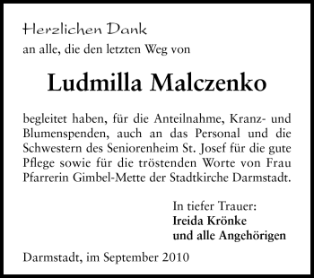 Traueranzeige von Ludmilla Malczenko von Darmstädter Echo, Odenwälder Echo, Rüsselsheimer Echo, Groß-Gerauer-Echo, Ried Echo