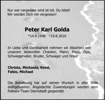 Traueranzeige von Peter Karl Golda von Echo-Zeitungen (Gesamtausgabe)