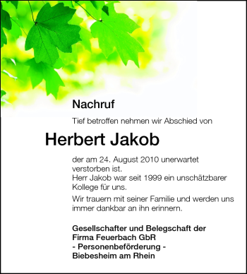 Traueranzeige von Herbert Jakob von Echo-Zeitungen (Gesamtausgabe)