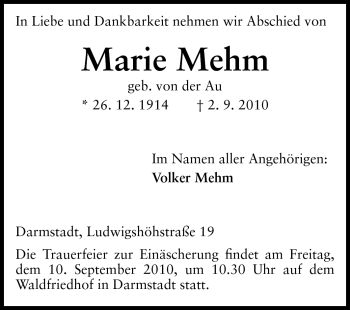 Traueranzeige von Marie Mehn von Echo-Zeitungen (Gesamtausgabe)