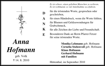 Traueranzeige von Anna Hofmann von Odenwälder Echo