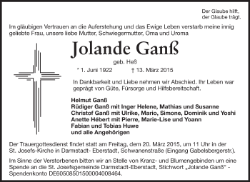 Traueranzeige von Jolande Ganß von Echo-Zeitungen (Gesamtausgabe)